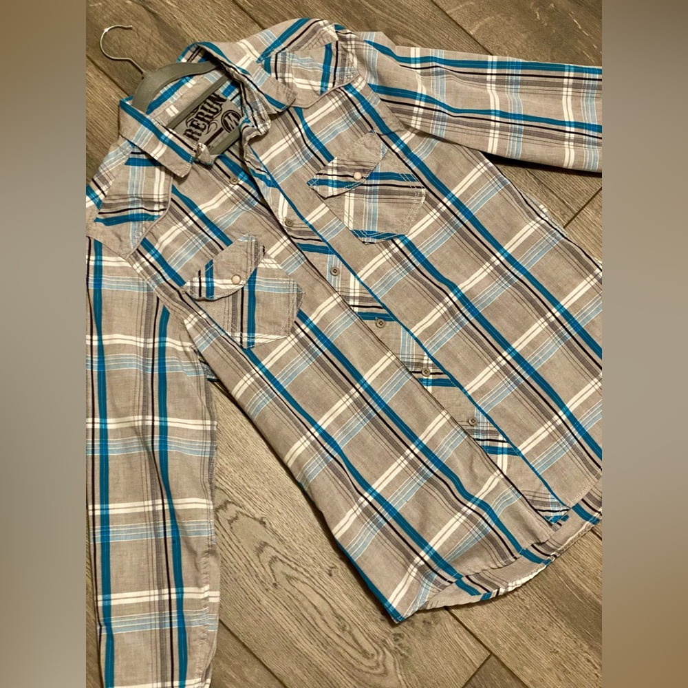 Men’s Medium‎ Button Checkered Shirt Blue Gray White Summer Rodeo